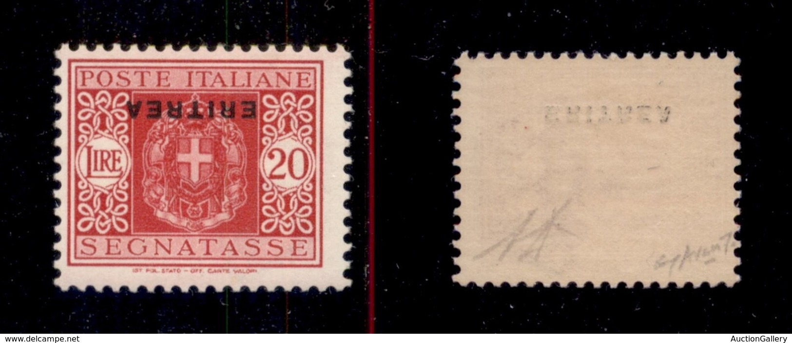 0559 COLONIE ITALIANE - ERITREA - 1934 - 20 Lire (38a-Segnatasse) Con Soprastampa Capovolta - Gomma Integra - Diena + Av - Autres & Non Classés