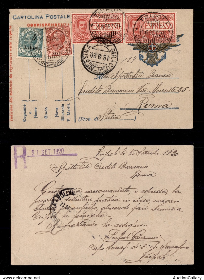 0579 COLONIE ITALIANE - LIBIA - Due 25 Cent (1-Espressi) + Complementari (3+82 Regno) - Cartolina Da Tripoli Del 16.9.20 - Autres & Non Classés