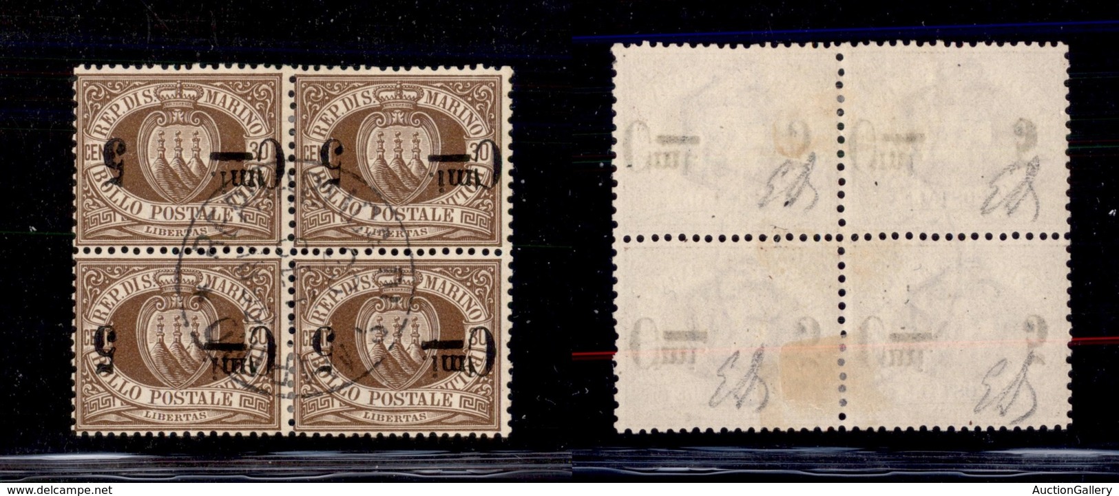 0652 SAN MARINO - 1892 - 5 Cent Su 30 (9a) Con Soprastampa Capovolta In Quartina Usata - Diena (1.000++) - Autres & Non Classés