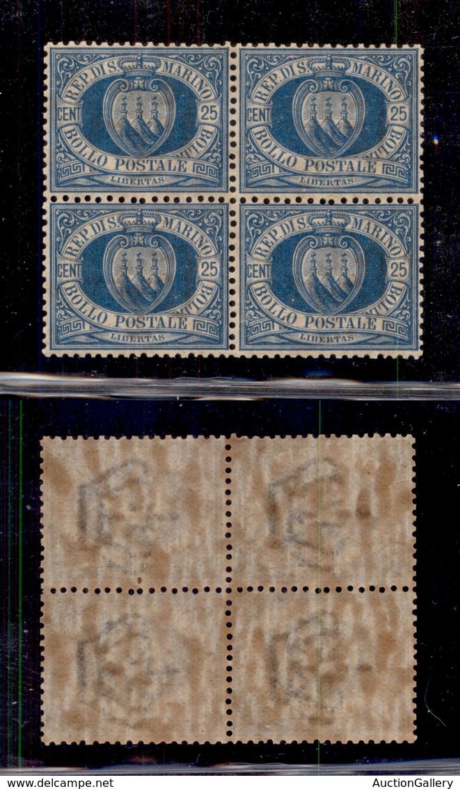 0656 SAN MARINO - 1899 - 25 Cent (30) In Quartina - Ottimamente Centrati - Gomma Integra (480+) - Other & Unclassified