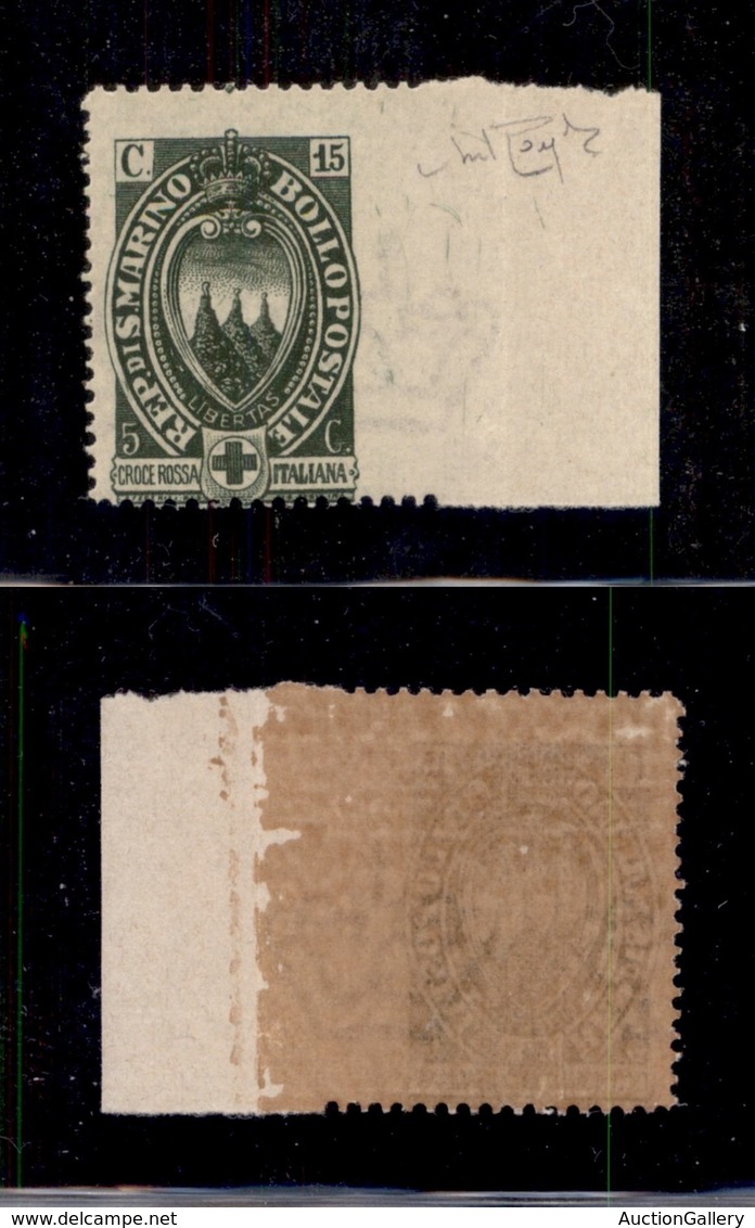 0658 SAN MARINO - 1923 - 15 Cent Croce Rossa (92a) Non Dentellato A Destra - Gomma Integra - Cert. Raybaudi (1.350) - Other & Unclassified