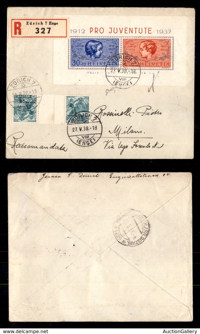 0712 EUROPA - SVIZZERA - Pro Juventute (3-Foglietti) + Coppia Tete Beche - Raccomandata Da Zurigo A Milano Del 27.5.38 - Other & Unclassified