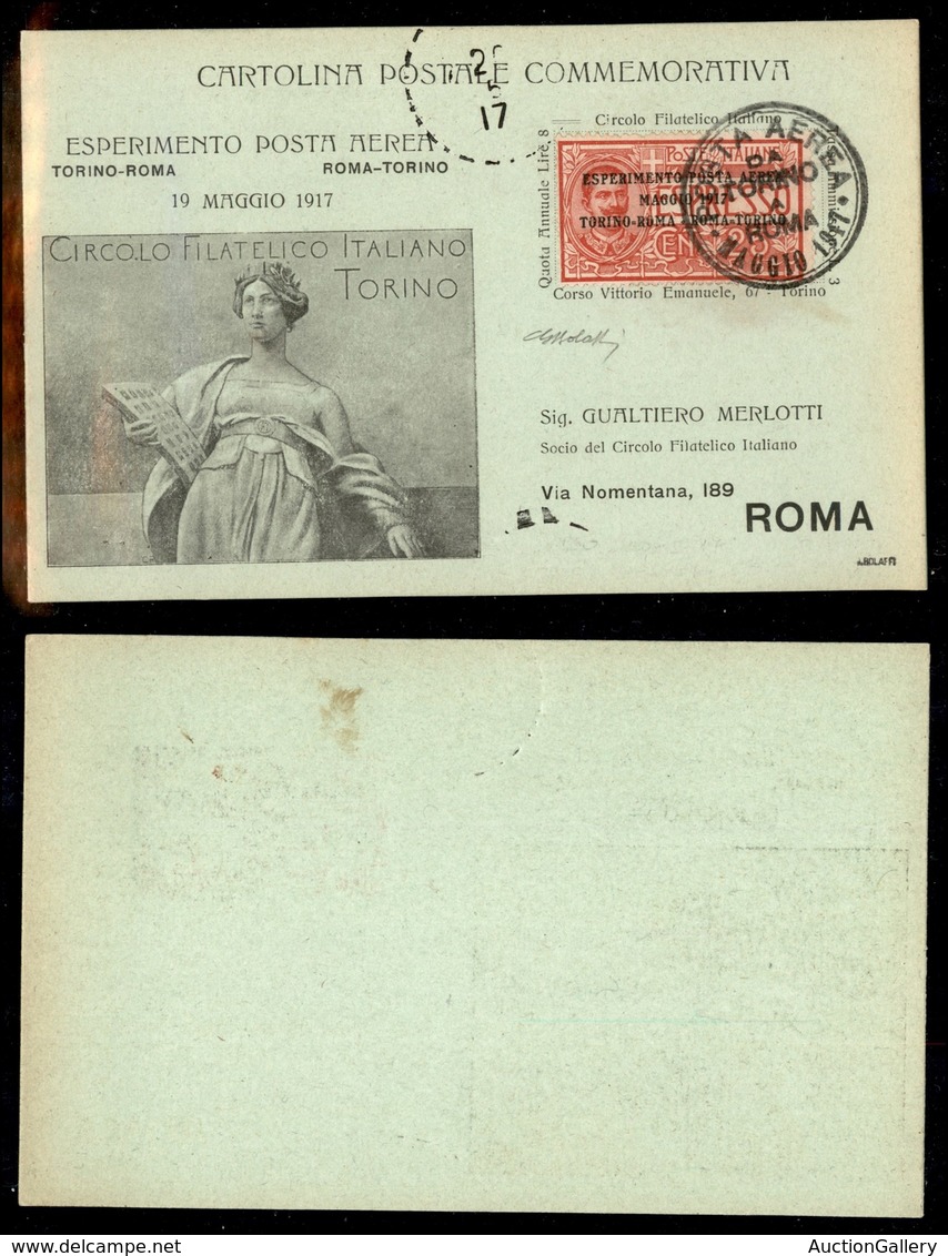 0852 ITALIA - POSTA AEREA - 1917 (20 Maggio) - Torino Roma (GP1 - Longhi 798/17TRa) - Cartolina Ufficiale (verde) Del Vo - Other & Unclassified