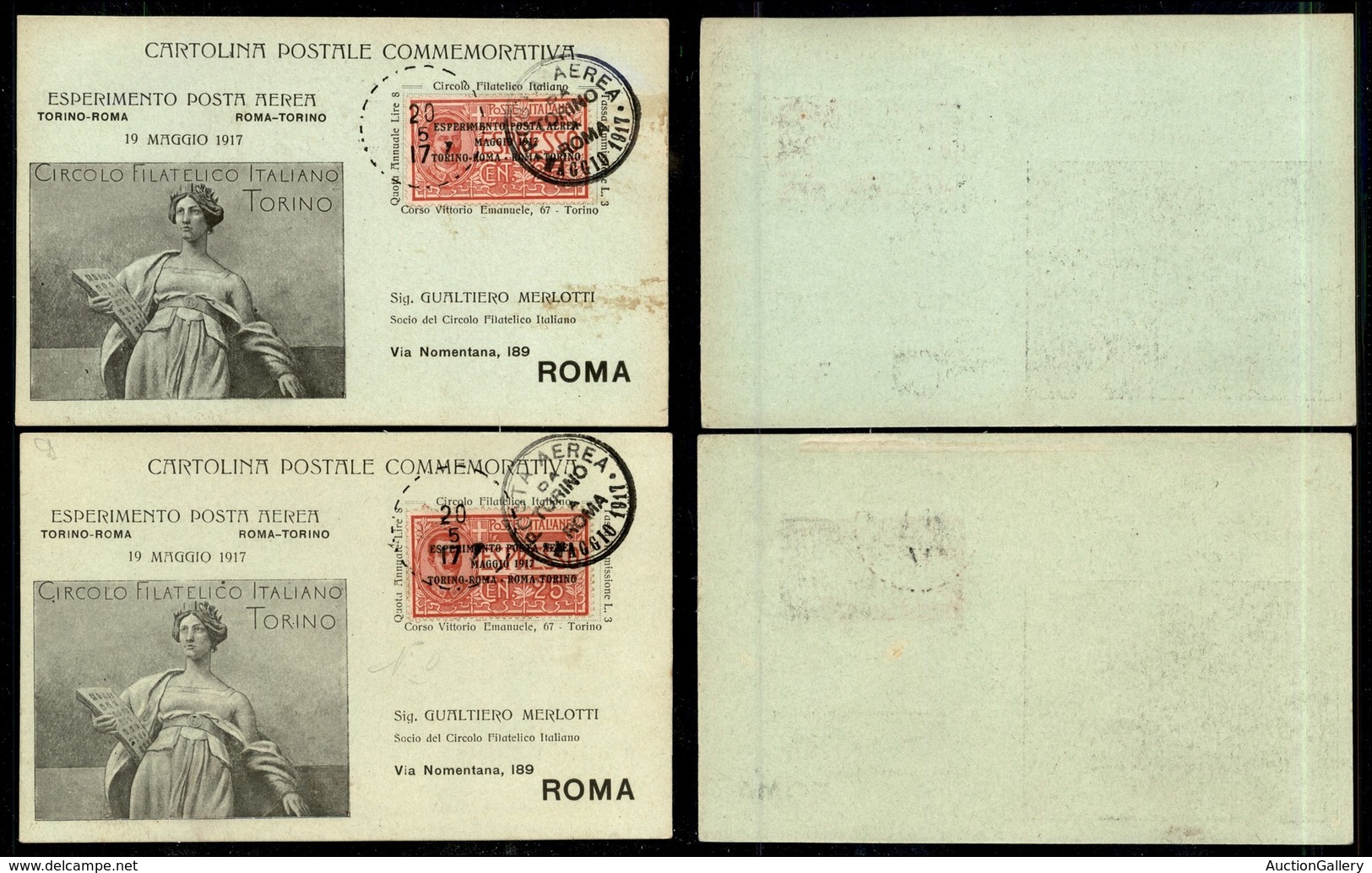 0853 ITALIA - POSTA AEREA - 1917 (20 Maggio) - Torino Roma (GP1 - Longhi 798/17TRa) - 2 Cartoline Ufficiali (verde) Del  - Autres & Non Classés