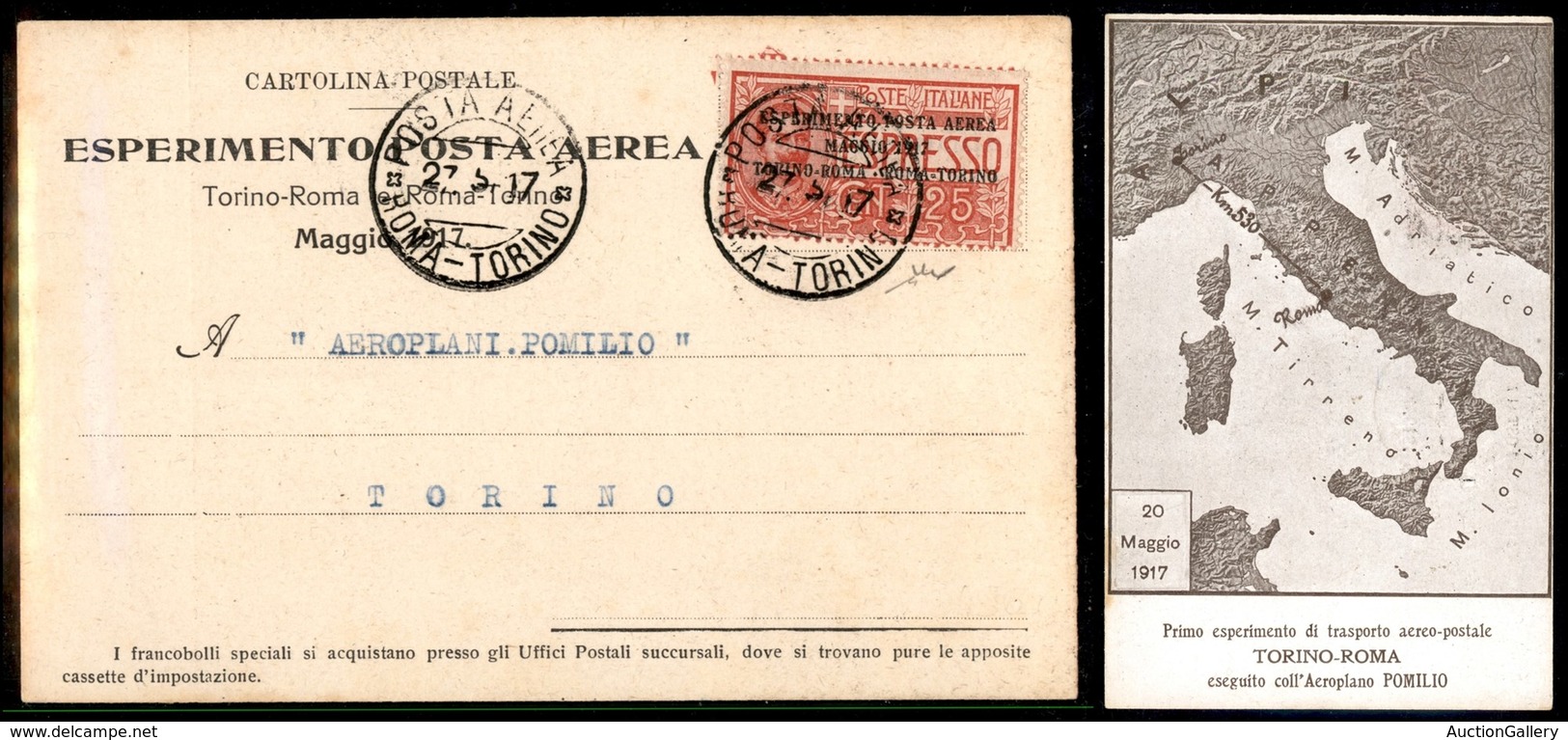 0868 ITALIA - POSTA AEREA - 1917 (27 Maggio) - Roma Torino (GP2a - Longhi 831/17RTh) - Cartolina Pomilio (con Cartina De - Other & Unclassified