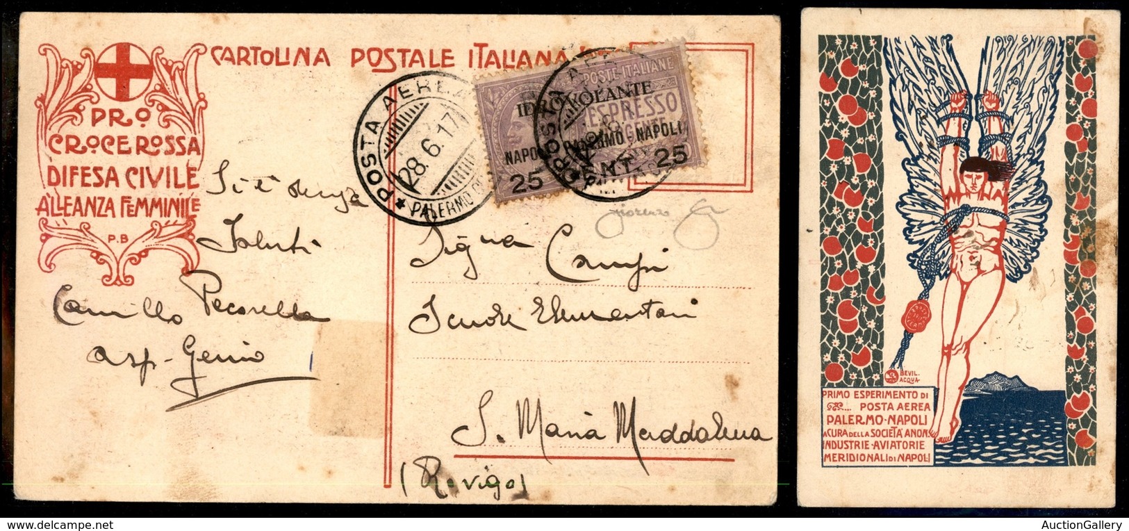 0880 ITALIA - POSTA AEREA - 1917 (28 Giugno) - Palermo Napoli (7a - Longhi 879/17PNd) - Cartolina Speciale - Longhi - Other & Unclassified