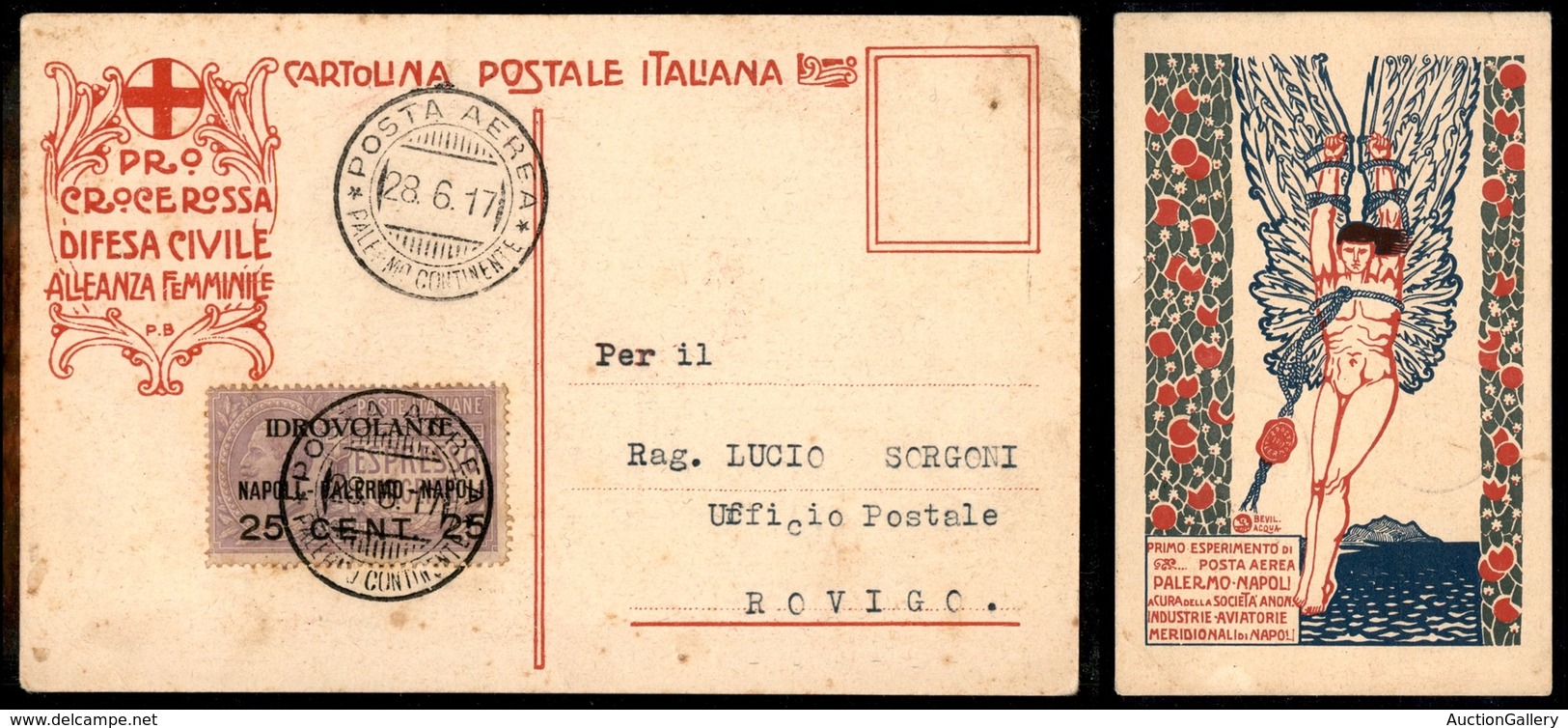 0881 ITALIA - POSTA AEREA - 1917 (28 Giugno) - Palermo Napoli (7a - Longhi 879/17PNd) - Cartolina Speciale - Autres & Non Classés