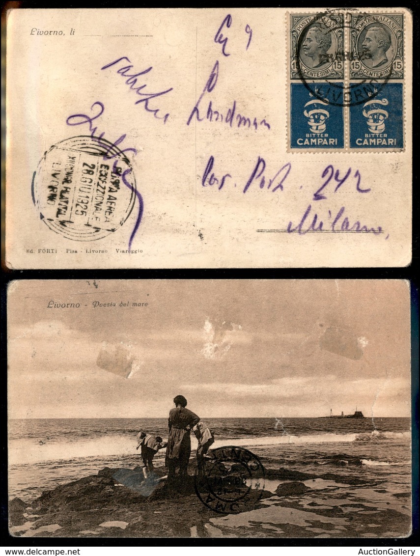 0887 ITALIA - POSTA AEREA - 1925 (28 Giugno) - Livorno Roma (Longhi 1366/25LSa) - Cartolina Per Milano - Sonstige & Ohne Zuordnung