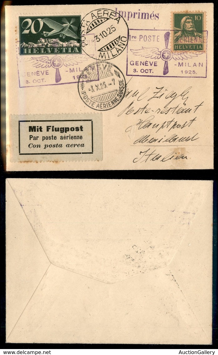 0894 ITALIA - POSTA AEREA - 1925 (3 Ottobre) - Ginevra Milano (48 - Longhi 1405/25JQa) - Cartolina Del Volo - Sonstige & Ohne Zuordnung