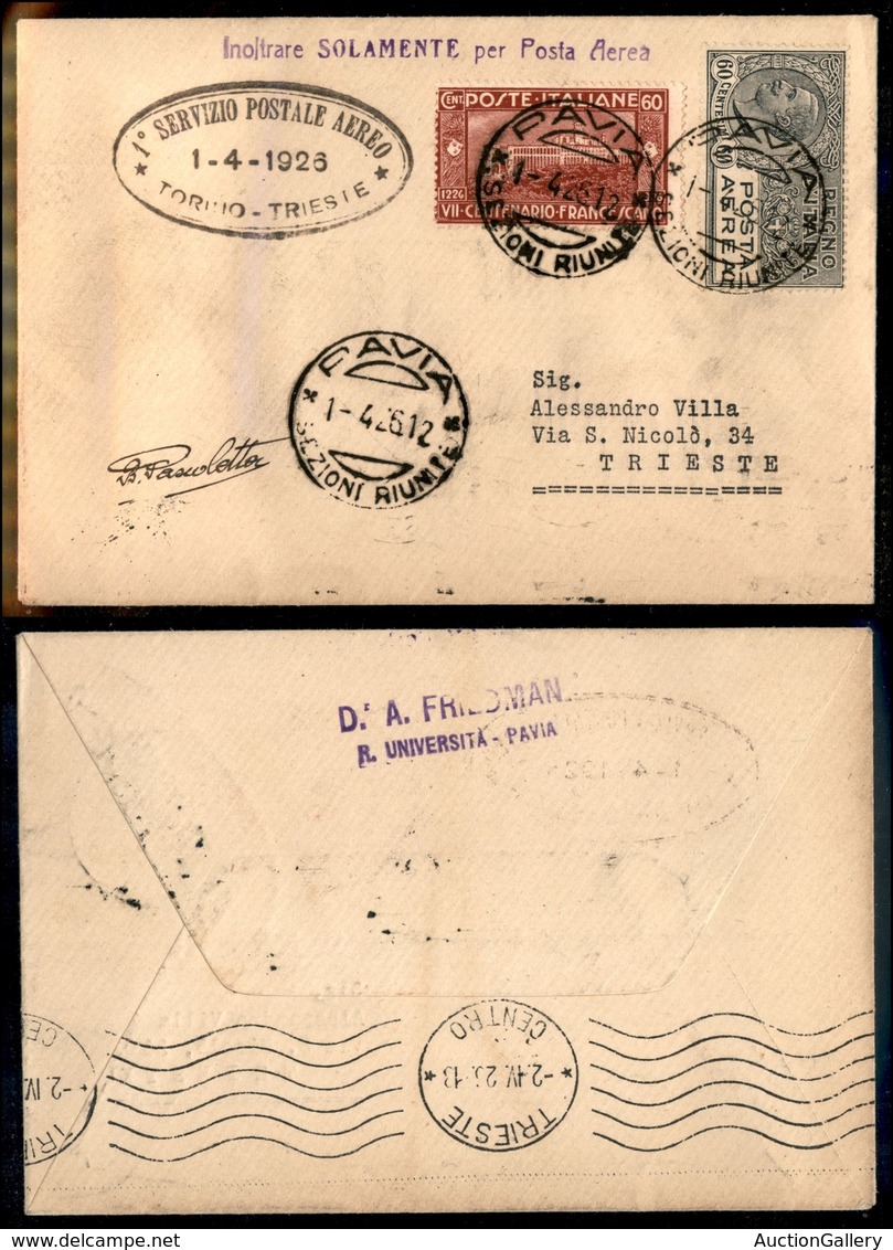 0903 ITALIA - POSTA AEREA - 1926 (1 Aprile) - Pavia Trieste (56d - Longhi 1444/26TOh) - Aerogramma Del Volo - Sonstige & Ohne Zuordnung