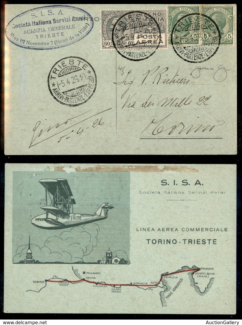 0919 ITALIA - POSTA AEREA - 1926 (5 Aprile) - Trieste Torino - Cartolina SISA - Longhi - Autres & Non Classés