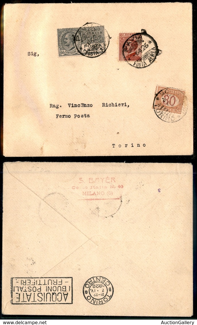 0920 ITALIA - POSTA AEREA - 1926 (6 Aprile) - Pavia Torino (57 - Longhi 1464/26TSp) - Aerogramma Fermo Posta A Moncalier - Autres & Non Classés