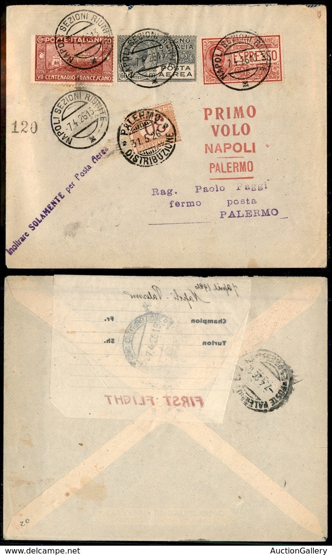 0922 ITALIA - POSTA AEREA - 1926 (7 Aprile) - Napoli Palermo (59b - Longhi 1471/26RPg) - Aerogramma Fermo Posta - Other & Unclassified