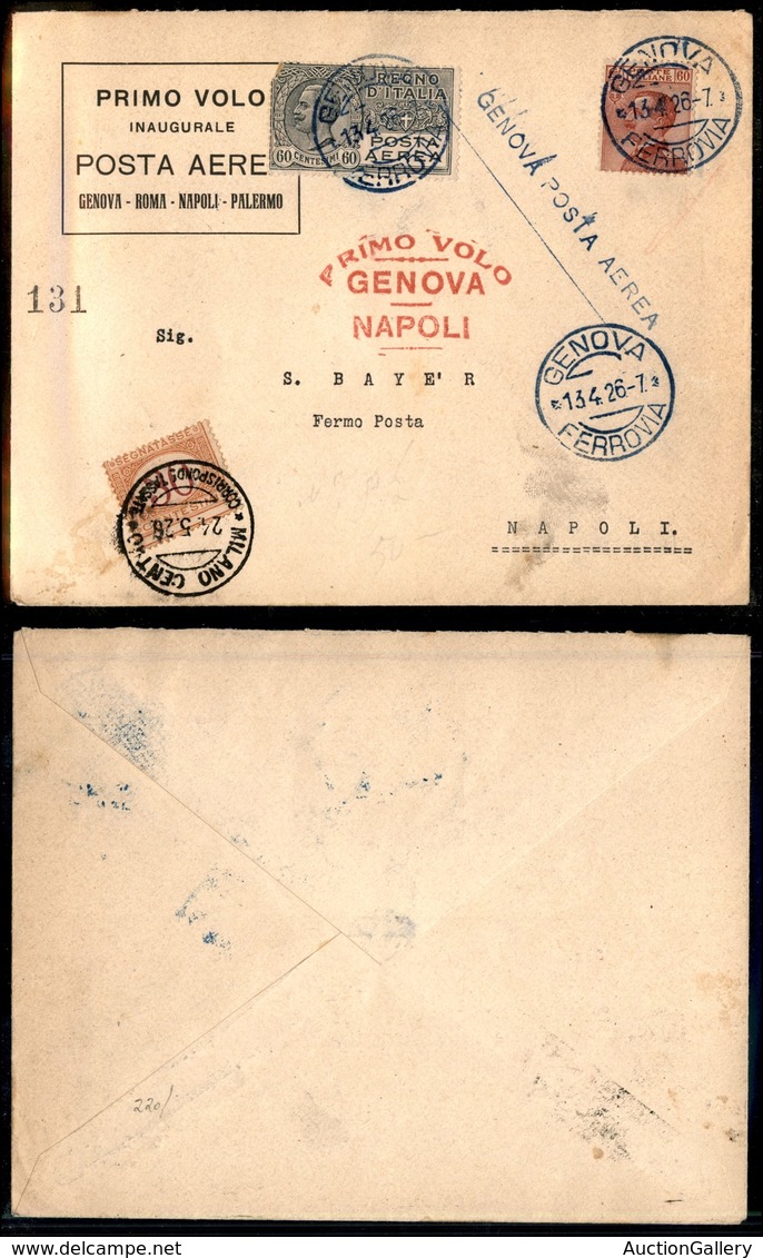 0926 ITALIA - POSTA AEREA - 1926 (13 Aprile) - Genova Napoli (62b - Longhi 1553/26GPf) - Aerogramma Fermo Posta - Other & Unclassified