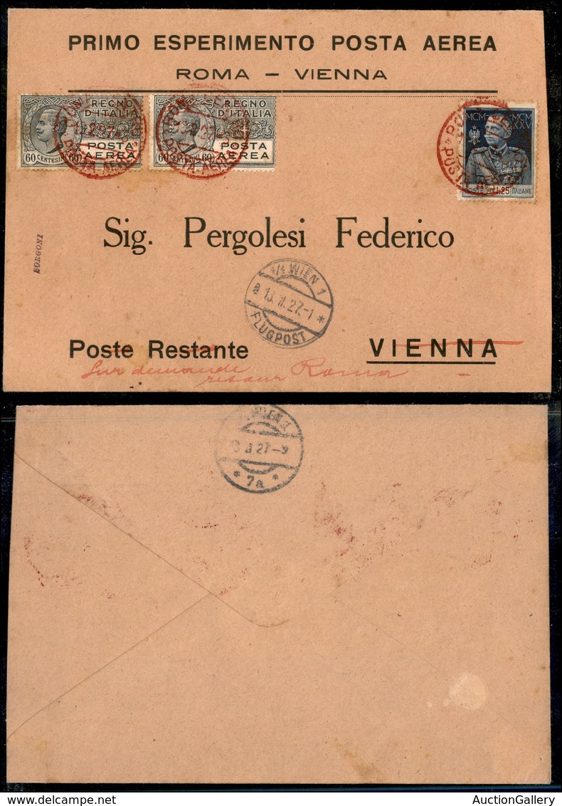 0933 ITALIA - POSTA AEREA - 1927 (11 Febbraio) - Roma Vienna (79 - Longhi 1687/27MVa) - Aerogramma Del Volo - Sonstige & Ohne Zuordnung
