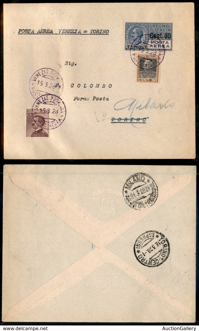 0939 ITALIA - POSTA AEREA - 1928 (15 Marzo) - Venezia Torino - Aerogramma Del Volo - Other & Unclassified