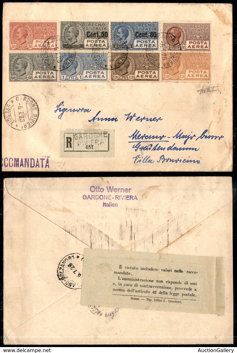 0947 ITALIA - POSTA AEREA - 1928 (6 Luglio) - Posta Aerea (2A + 3/6 + 8/9) - 8 Valori Su Raccomandata Da Gardone A Meran - Autres & Non Classés