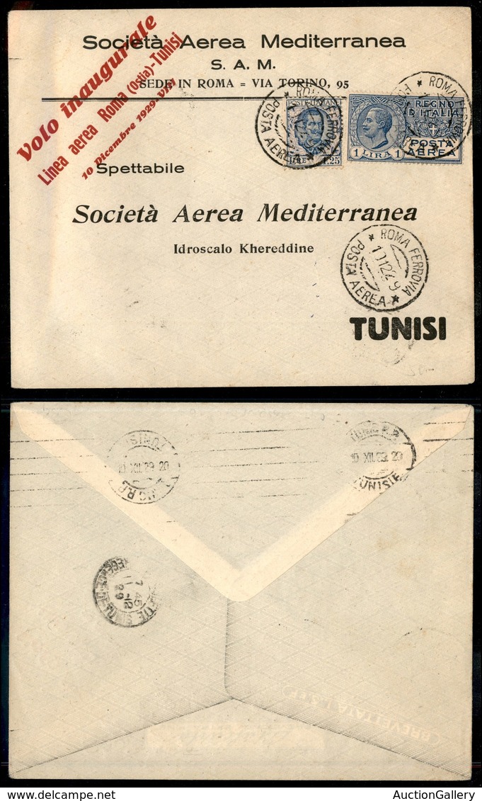 0958 ITALIA - POSTA AEREA - 1929 (11 Dicembre) - Roma Tunisi (164 - Longhi 2015/29ADa) - Aerogramma Del Volo - Autres & Non Classés