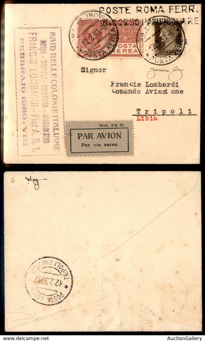 0962 ITALIA - POSTA AEREA - 1930 (12 Febbraio) - Roma Mogadiscio (179a - Longhi 2076/30RTa) - Aerogramma Per Tripoli - L - Autres & Non Classés