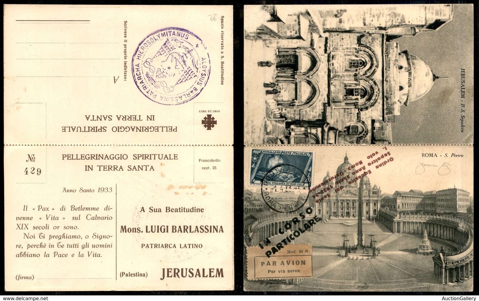 0986 ITALIA - POSTA AEREA - 1933 (1 Aprile) - Roma Gerusalemme (319 - Longhi 2805/33GLb) - Cartolina Doppia In Corso Par - Other & Unclassified