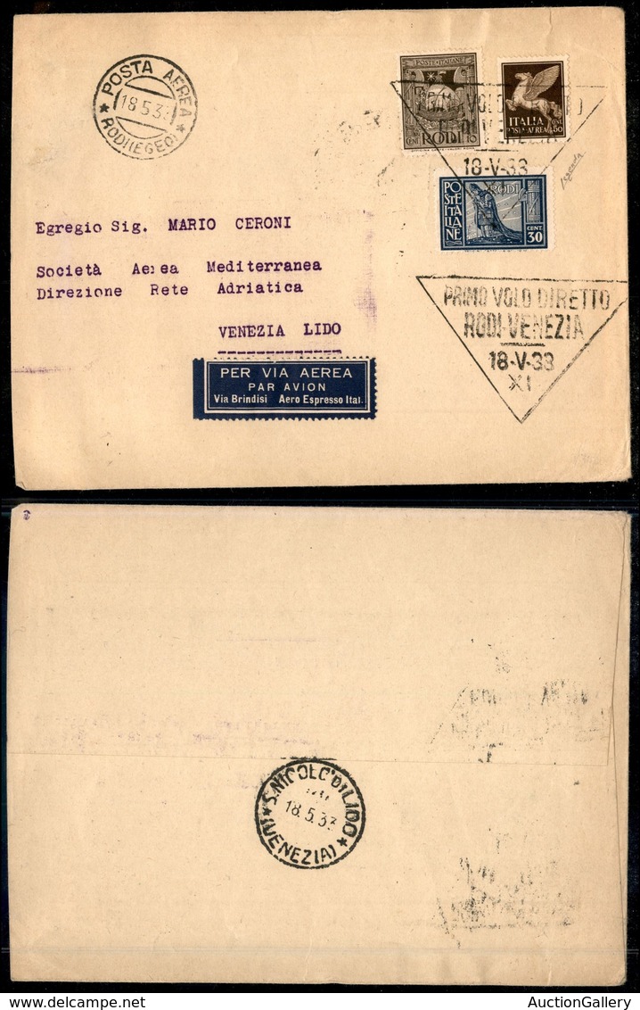 0994 ITALIA - POSTA AEREA - 1933 (18 Maggio) - Rodi Venezia (327 - Longhi 2827/33PCa) - Aerogramma Del Volo - Autres & Non Classés