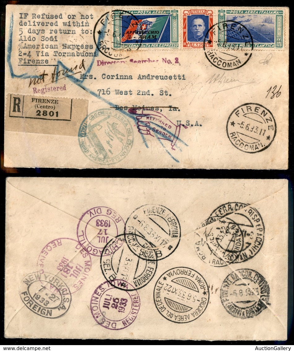 1005 ITALIA - POSTA AEREA - 1933 - Crociera Del Decennale (Longhi 2859/33SBg) - Trittico ARAM (52 - Aerea) Su Aerogramma - Sonstige & Ohne Zuordnung