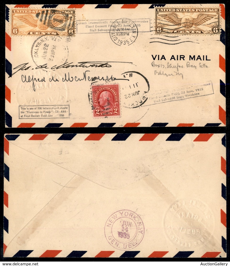 1023 ITALIA - POSTA AEREA - 1935 (22 Giugno) - New York Roma (382 - Longhi 3284/35ZBb) - Aerogramma Con Le Firme Dei Pil - Autres & Non Classés