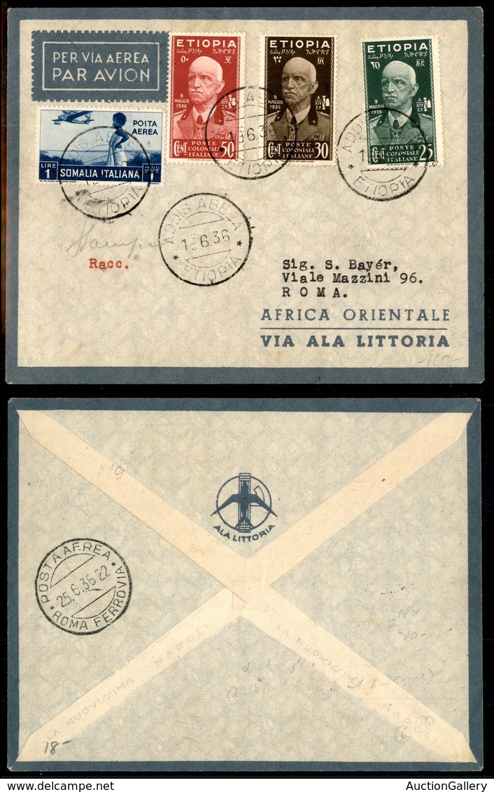 1027 ITALIA - POSTA AEREA - 1936 (18 Maggio) - Addis Abeba Roma (419 - Longhi 36UL) - Aerogramma Con Affrancatura Mista  - Other & Unclassified