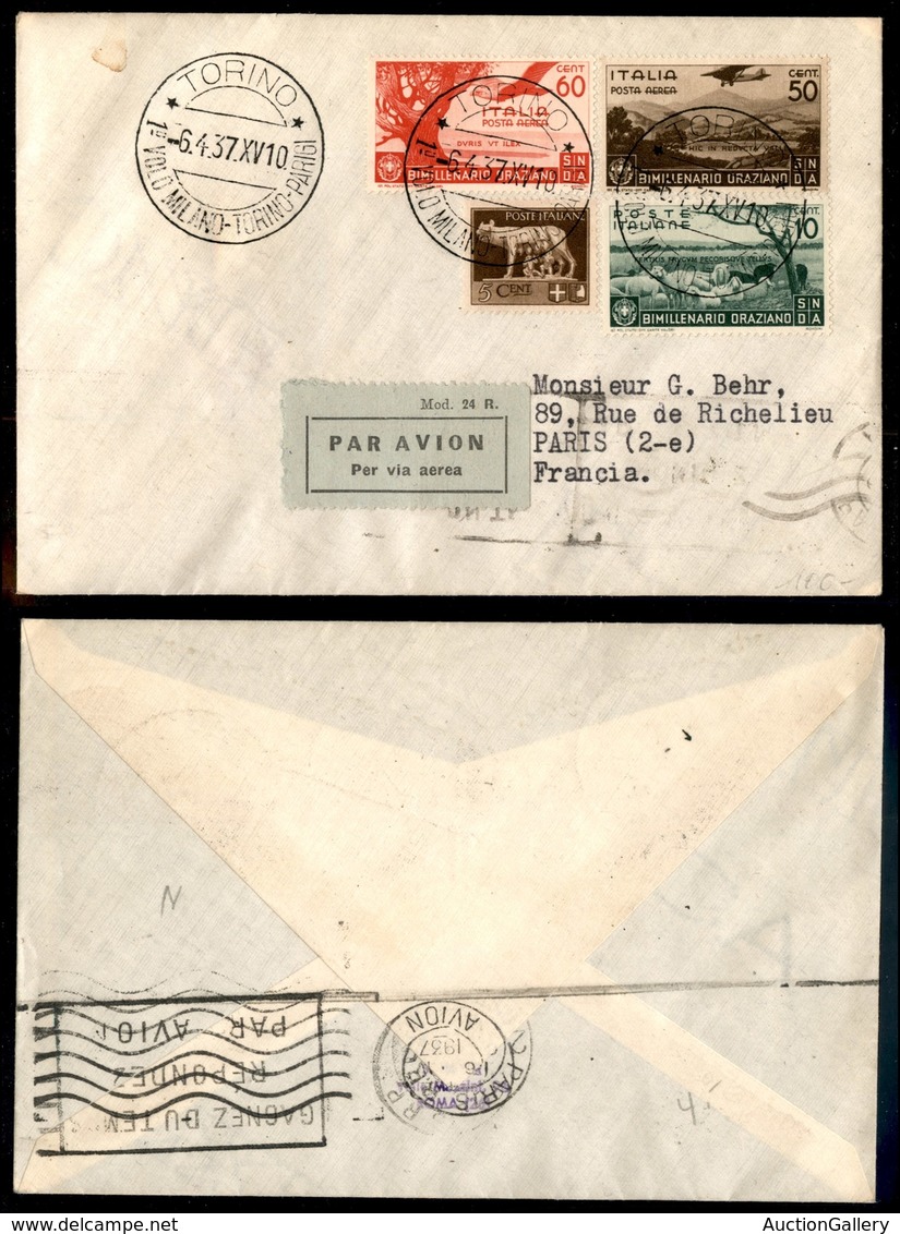 1046 ITALIA - POSTA AEREA - 1937 (7 Aprile) - Torino Parigi (453d - Longhi 3645/37RUe) - Aergramma Del Volo - Other & Unclassified