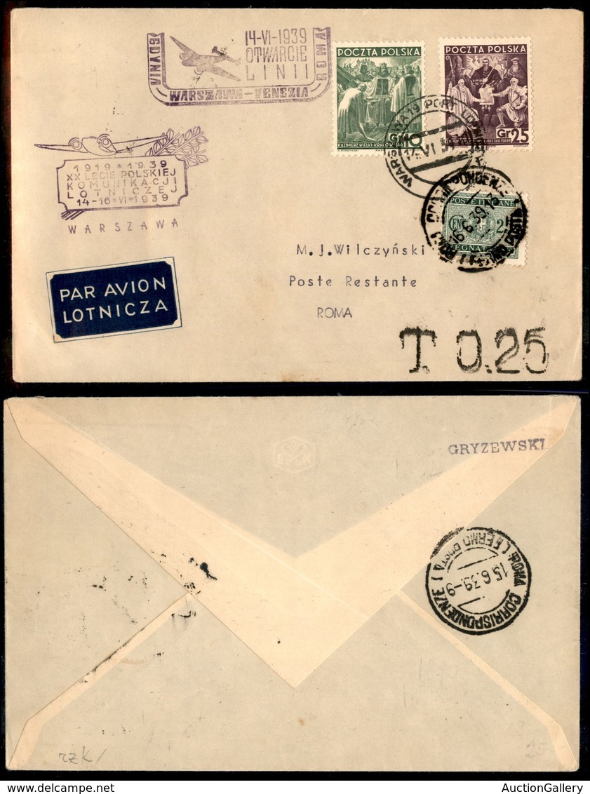 1053 ITALIA - POSTA AEREA - 1939 (14 Giugno) - Varsavia Roma (510b) - Longhi 3859/39MNb) - Aerogramma Del Volo - Other & Unclassified