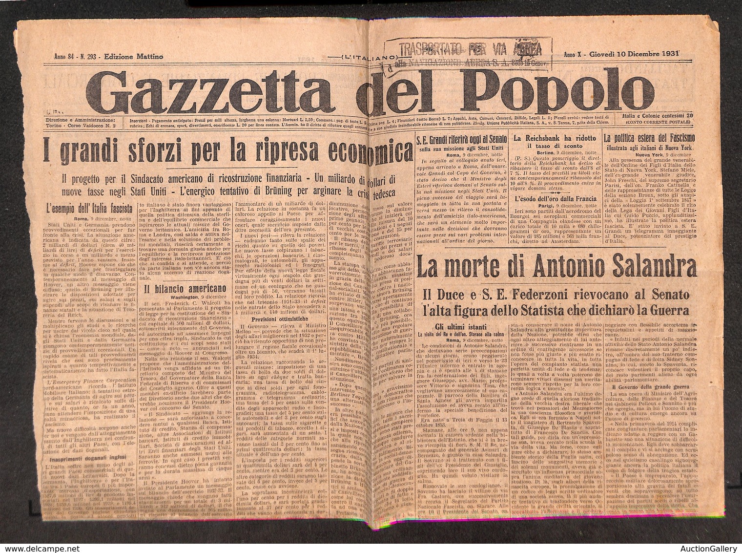 1062 ITALIA - POSTA AEREA - 1931 - Trasportato Per Via Aerea (Longhi 4061/31GId) - La Gazzetta Del Popolo Del 10 Dicembr - Autres & Non Classés