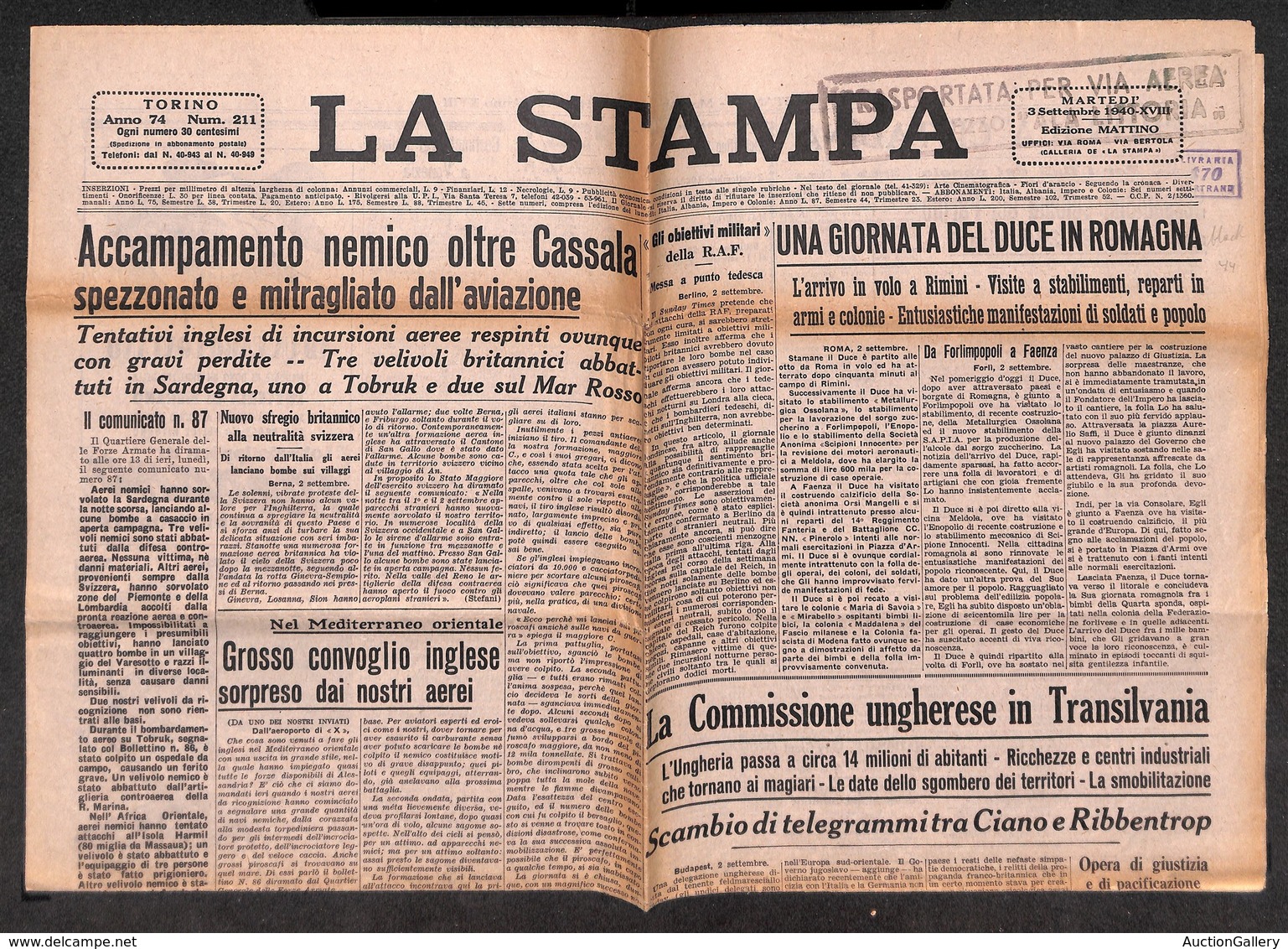 1064 ITALIA - POSTA AEREA - 1940 - Trasportato Per Via Aerea (Longhi 4085/40STa) - La Stampa Del 3 Settembre - Other & Unclassified