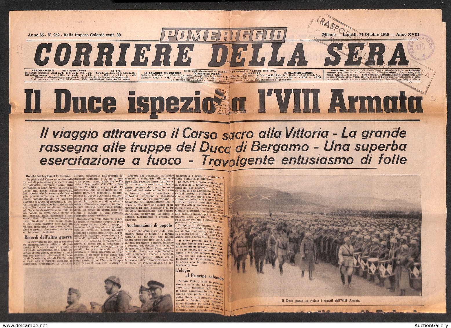 1065 ITALIA - POSTA AEREA - 1940 - Trasportato Per Via Aerea (Longhi 4086/40ZZa) - Corriere Della Sera Del 21 Ottobre - Other & Unclassified