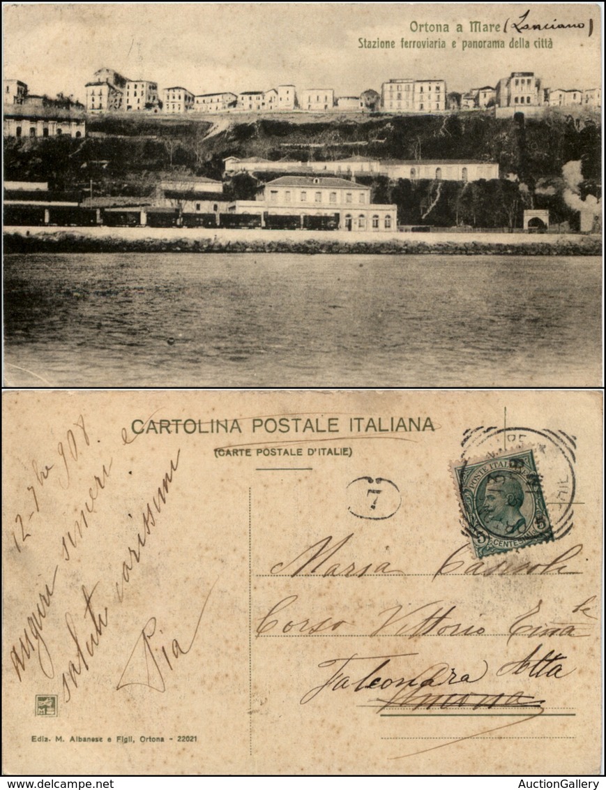 1502 CARTOLINE - REGIONALISMO-ABRUZZO - Ortona A Mare (CH) Stazione Ferroviaria E Panorama Viaggiata 1908 - Other & Unclassified