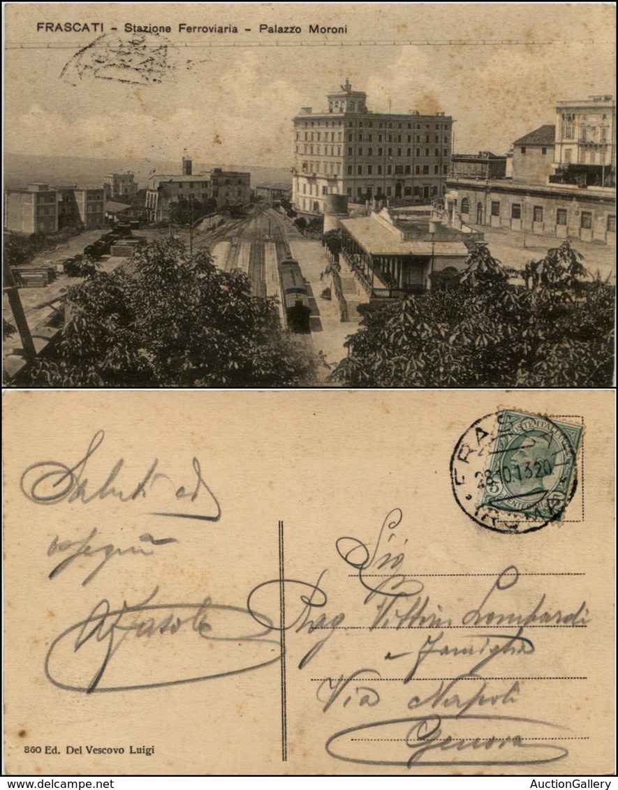 1517 CARTOLINE - REGIONALISMO-LAZIO - Frascati (RM), Stazione Ferroviaria E Palazzo Moroni Viaggiata 1913 - Autres & Non Classés