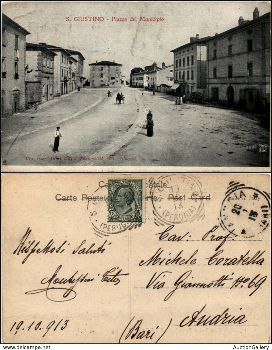 1581 CARTOLINE - REGIONALISMO-UMBRIA - S. Giustino (PG), Piazza Del Municipio Animata Viaggiata 1913 - Autres & Non Classés