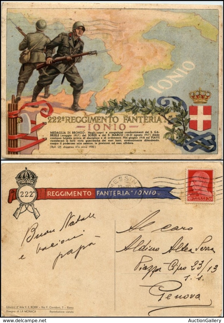 1883 CARTOLINE - MILITARI - 222° Reggimento Fanteria "Ionio" - Illustratore La Monaca - Viaggiata 23.12.1933 FG - Autres & Non Classés