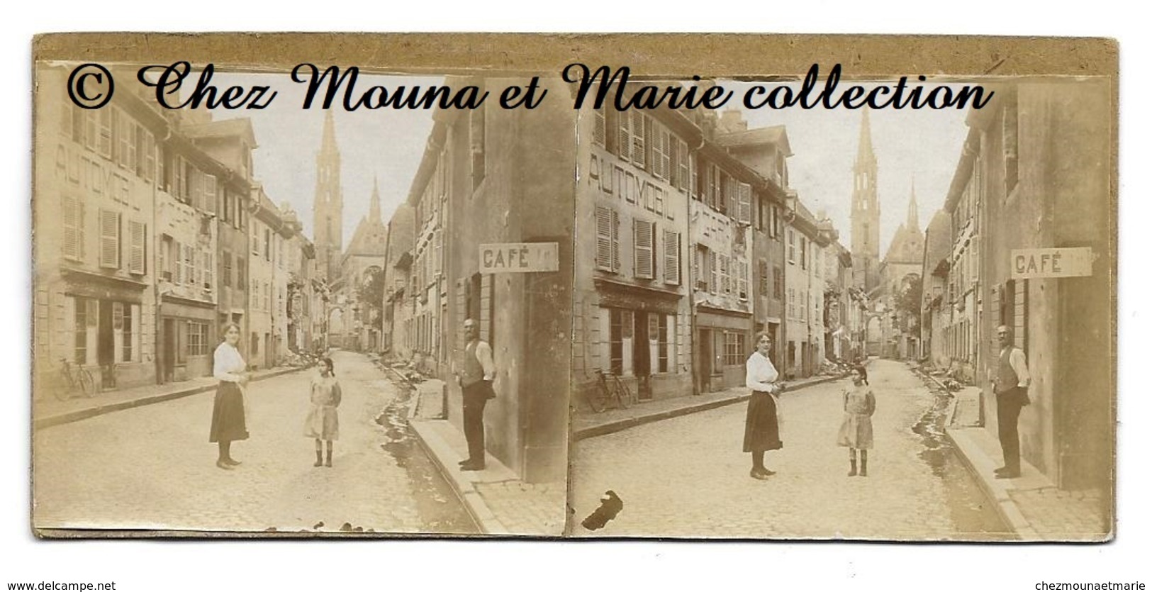 THANN - VUE SUR CAFE ET EGLISE - RUE DES BOEUFS APRES BOMBARDEMENT - RUINES - HAUT RHIN - PHOTO STEREO SUPPORT 12.5 X 6 - Guerre, Militaire