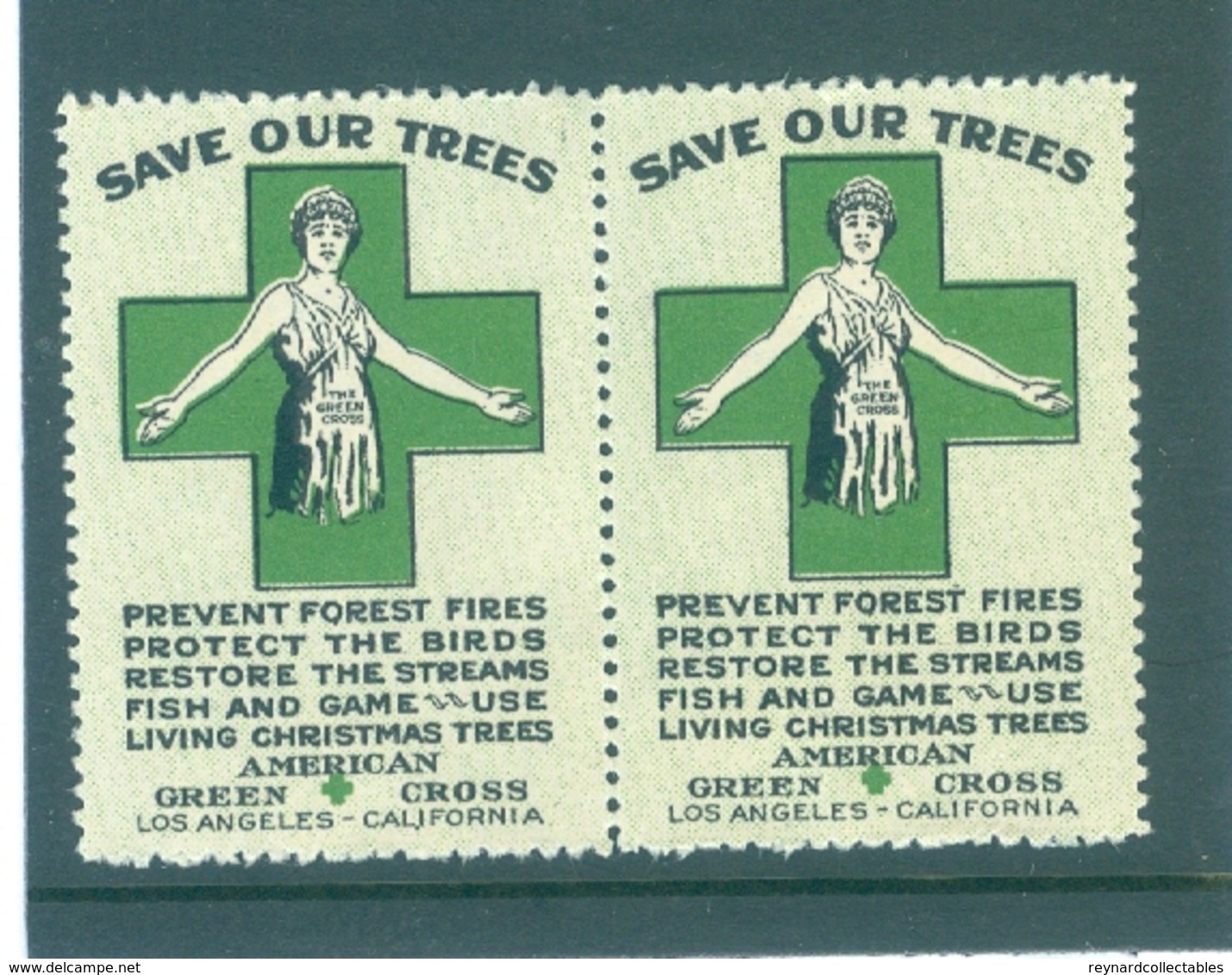 Vintage US Green Cross "Save Our Trees" Poster Stamp Pair, Los Angeles, California - Cinderellas