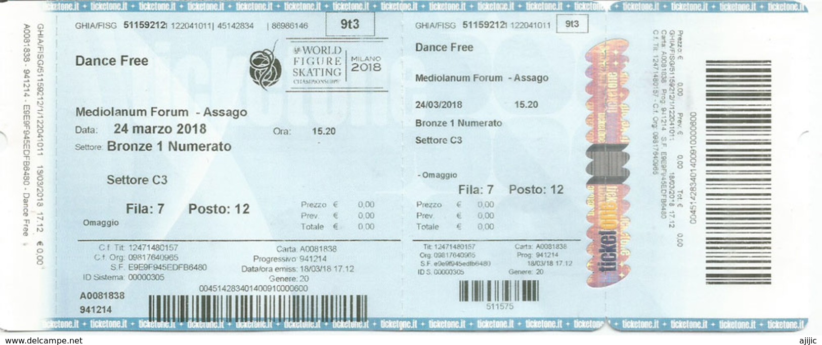 World Figure Skating Championships - March 2018, Mediolanum Forum.MILANO.ITALY.(Dance Free) Entrance Ticket. - Pattinaggio Artistico