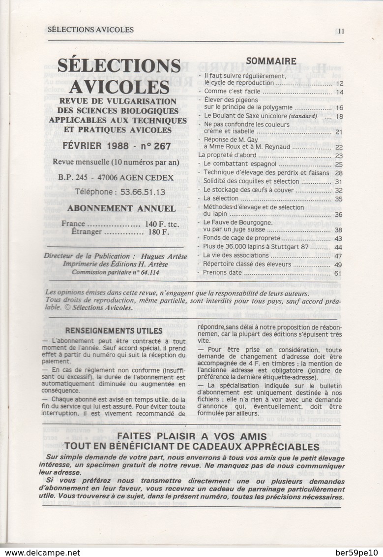 SELECTIONS AVICOLES AVICULTURE COLOMBICULTURE CUNICULTURE FEVRIER 1988  N° 267 - Animals