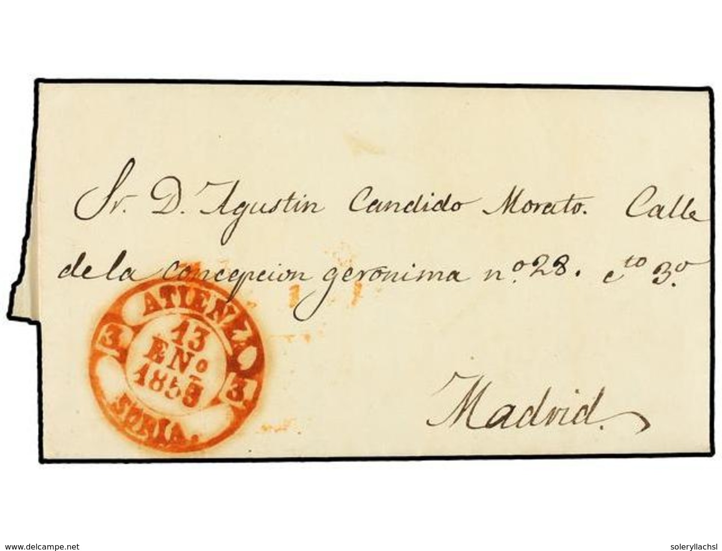 4 ESPAÑA: PREFILATELIA. 1853. ATIENZA A MADRID. Fechador <B>ATIENZA/SORIA.</B> PRECIOSA Y RARA. - Altri & Non Classificati