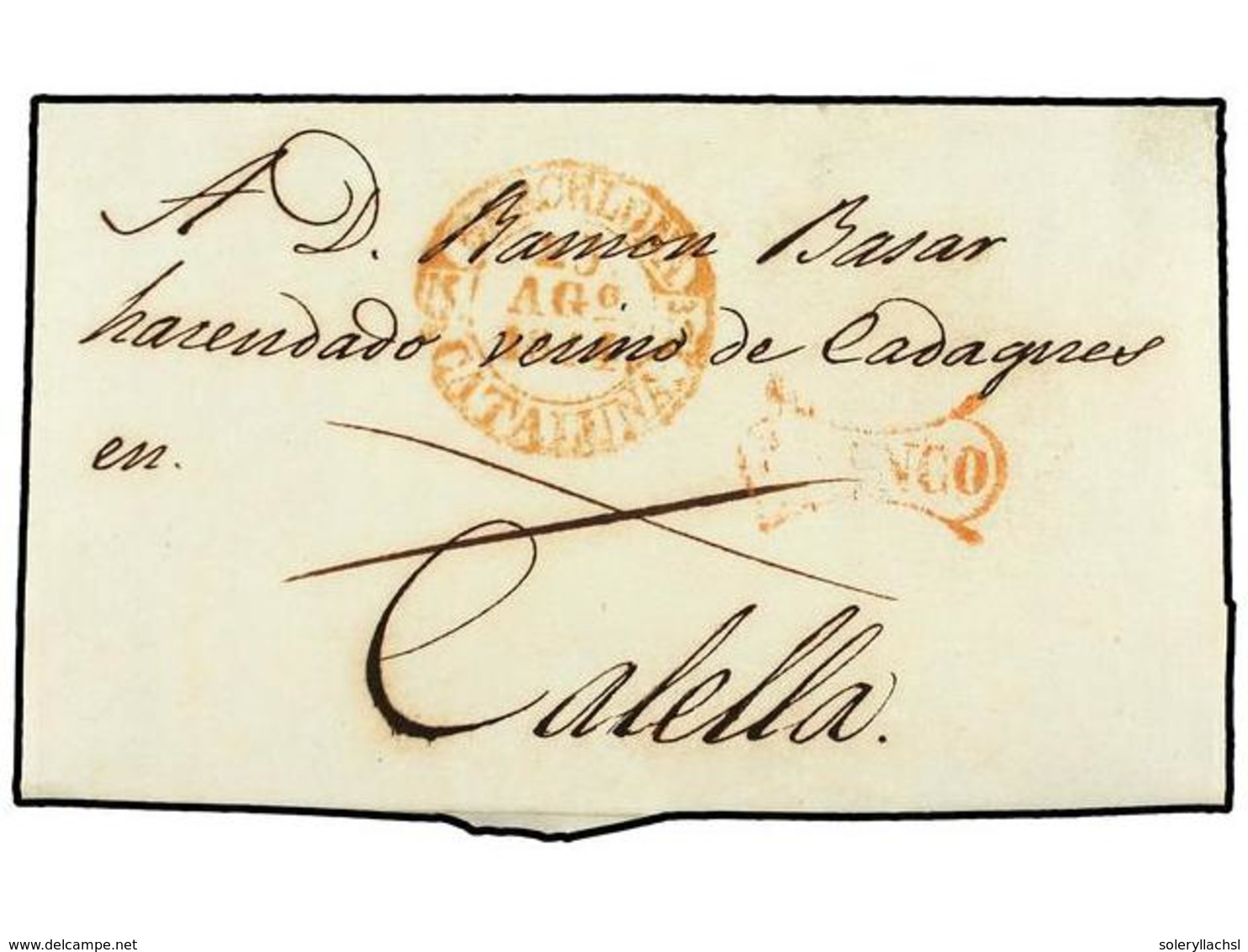 14 ESPAÑA: PREFILATELIA. 1844. BARCELONA A CALELLA. Fechador<B> BARCELONA/CATALUÑA</B> Y <B>FRANCO, </B>ambas En Rojo. - Altri & Non Classificati