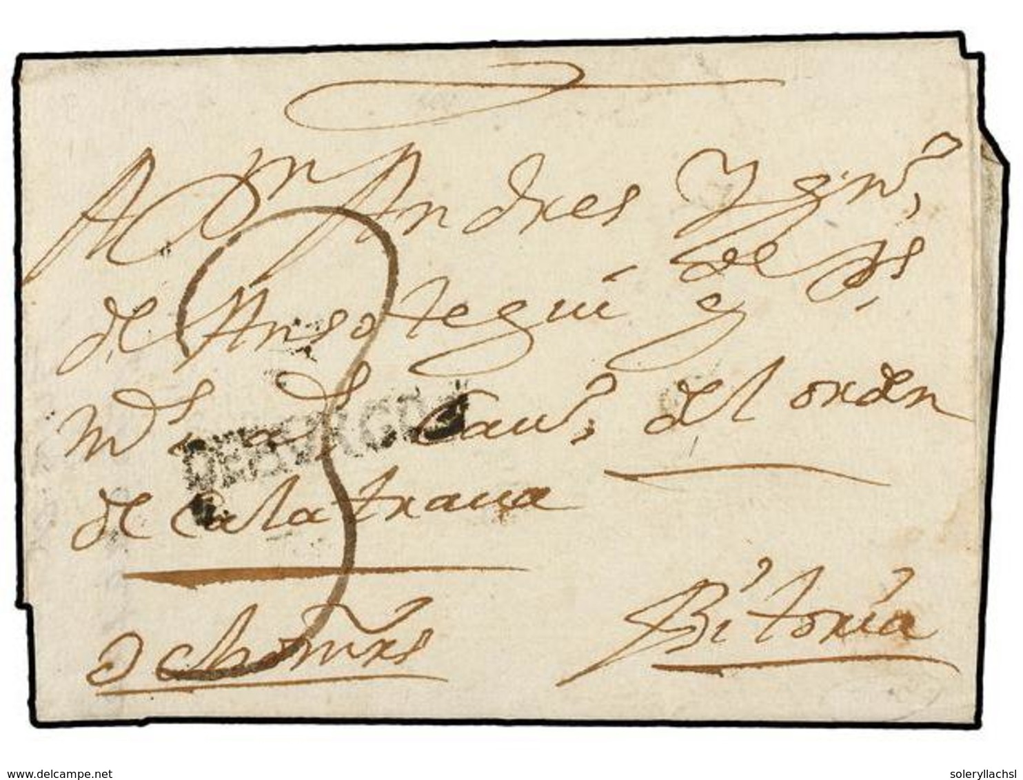 20 ESPAÑA: PREFILATELIA. 1728 (3-Febr.). BURGOS A VITORIA. Marca De <B>BURGOS </B>(nº1) MUY BONITA Y RARÍSIMA. - Other & Unclassified