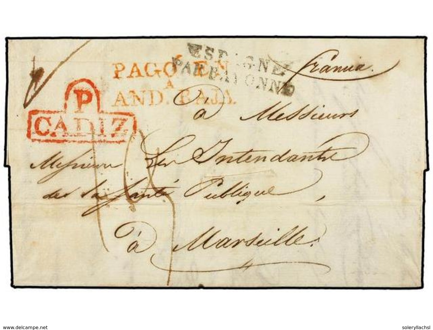 33 ESPAÑA: PREFILATELIA. 1820. CADIZ A MARSELLA. Carta Con Membrete Ilustrado En El Interior Del Consulado Francés En Cá - Other & Unclassified