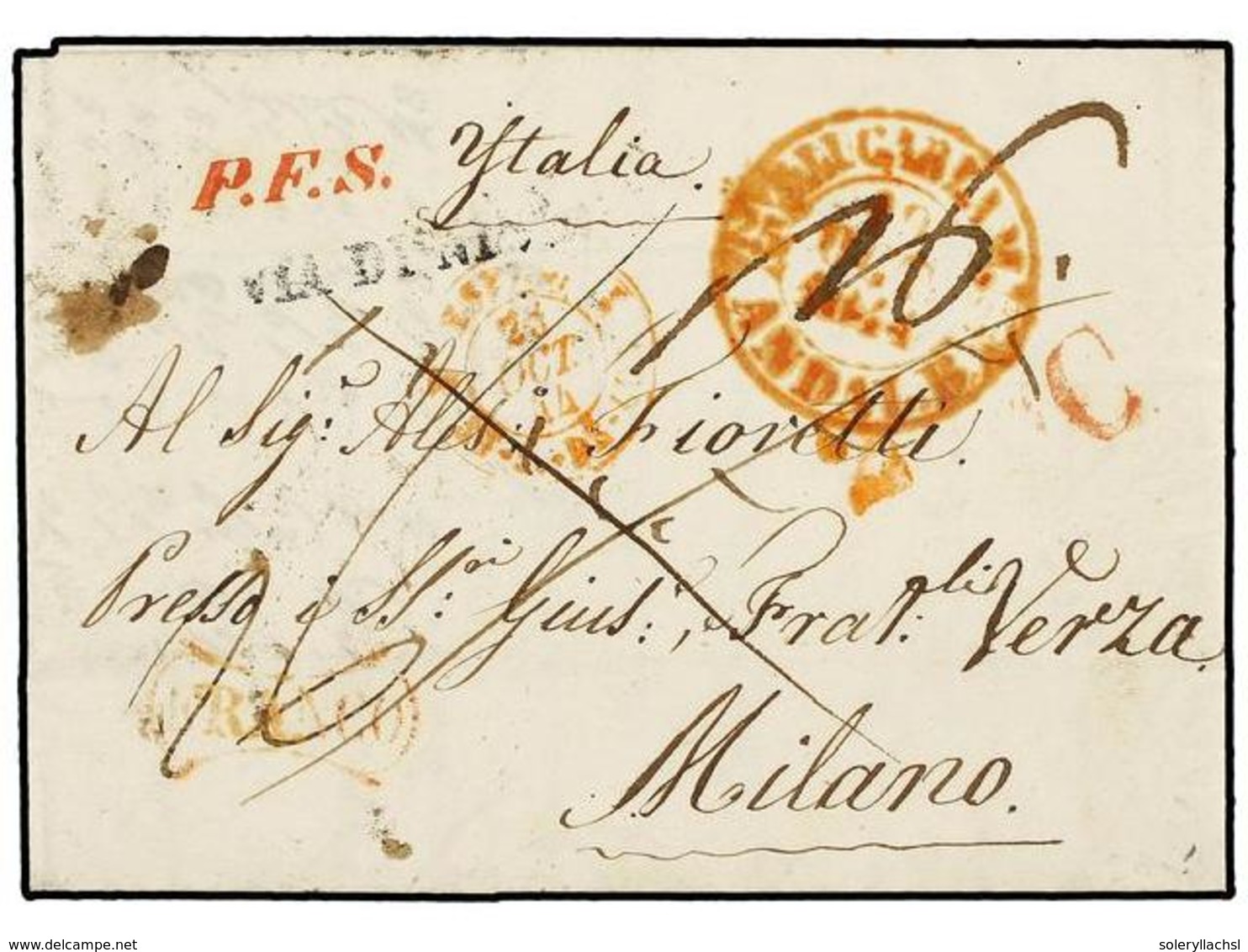 34 ESPAÑA: PREFILATELIA. 1844. SEVILLA A MILÁN. Fechador <B>SANLUCAR L.M./ANDAL. B.</B> Y <B>FRANCO</B> General Ambos En - Other & Unclassified