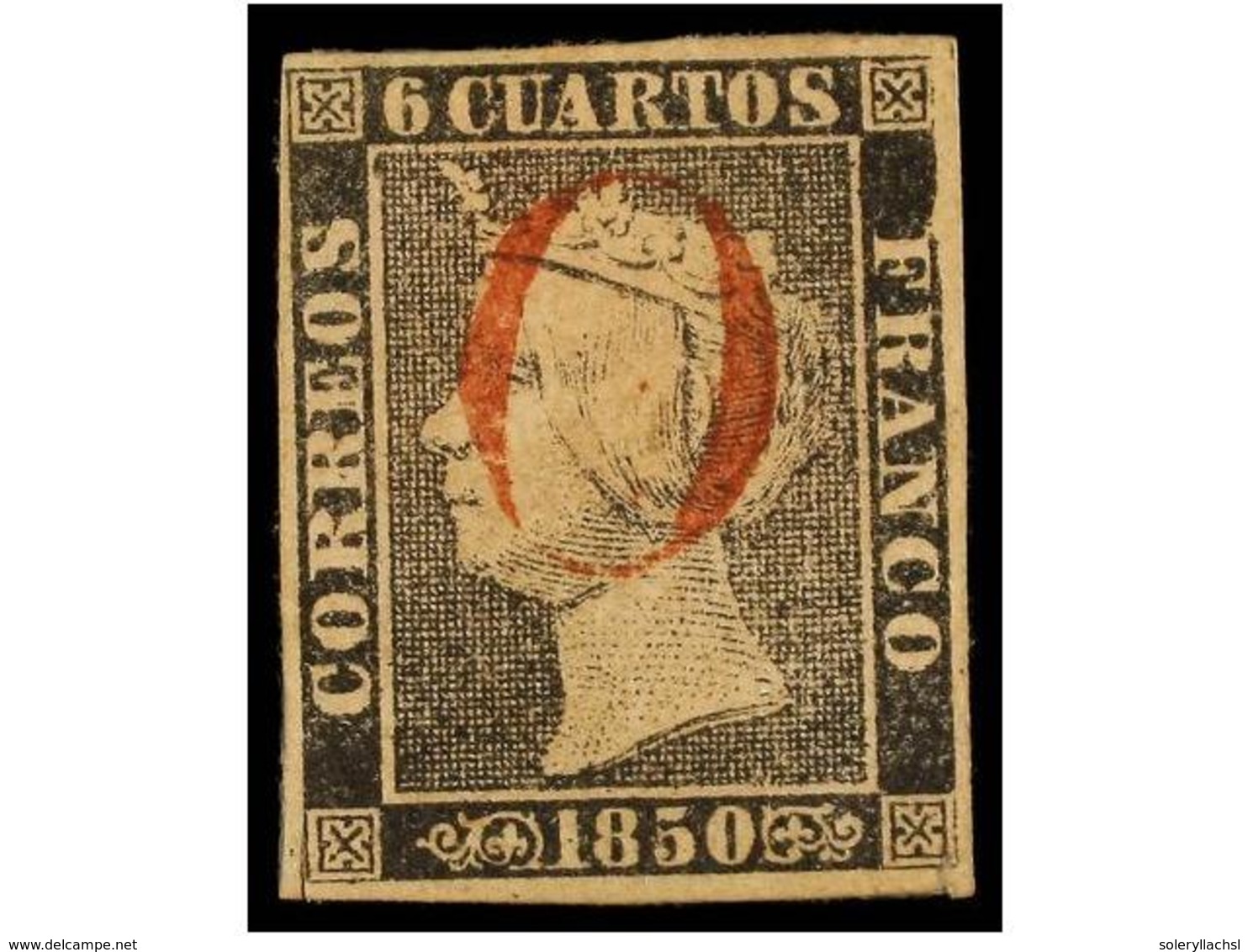 45 ° ESPAÑA. Ed.1. <B>6 Cuartos</B> Negro, Pl. I Tipo 6, Mat.<B> 'O'</B> De LÉRIDA En Rojo. MAGNÍFICO. - Sonstige & Ohne Zuordnung