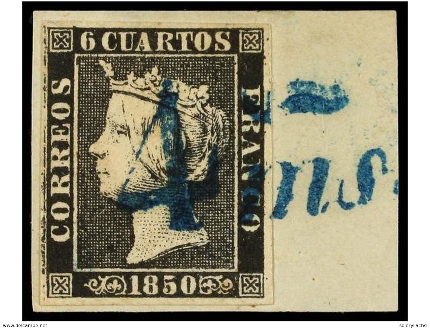 46 ESPAÑA. Ed.1. <B>6 Cuartos</B> Negro Sobre Pequeño Fragmento, Mat.<B> 4ms</B> En Azul De BARCELONA. MUY RARO Y De Exc - Other & Unclassified