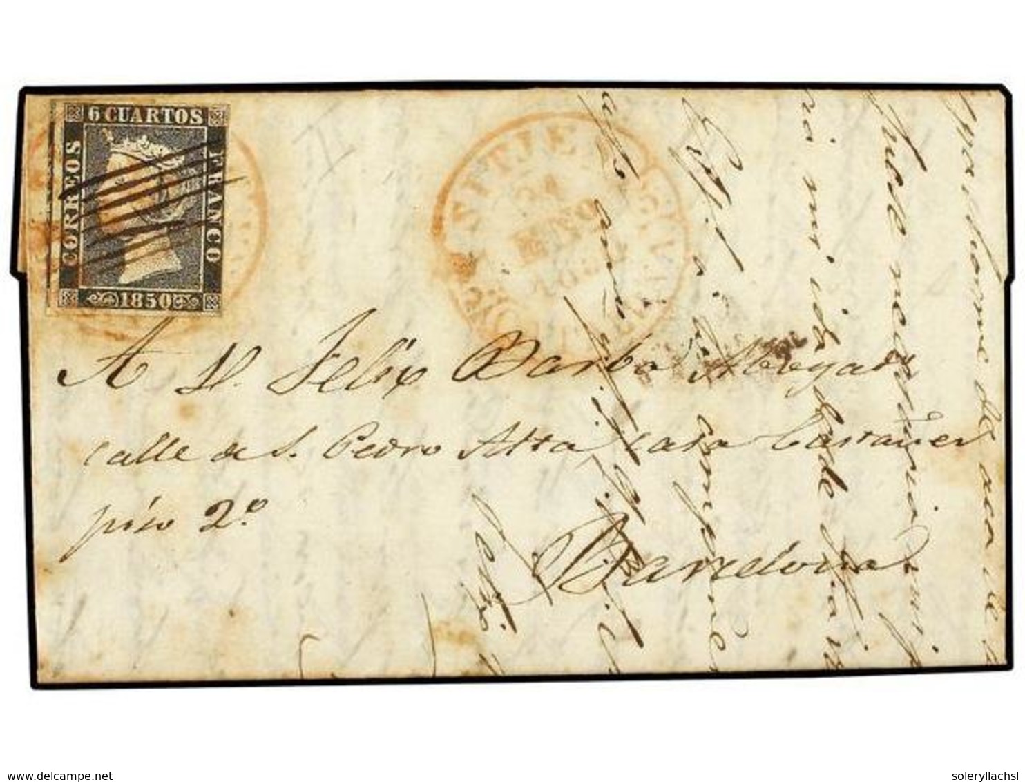 47 ESPAÑA. Ed.1. 1850 (21 Enero). SITGES A BARCELONA. <B>6 Cuartos</B> Negro, Mat.<B> LINEAS PARALELAS </B>en Tinta De E - Other & Unclassified