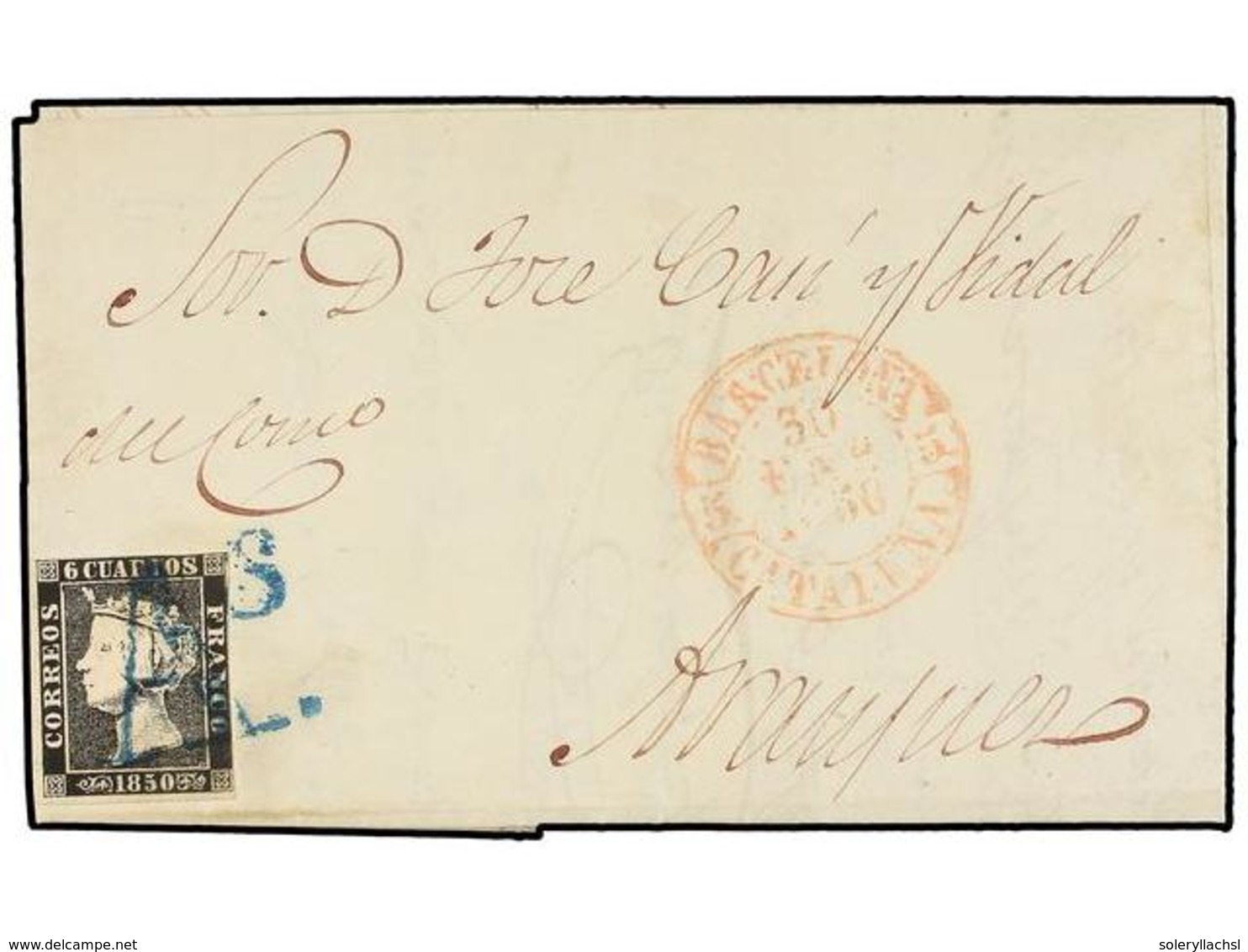 50 ESPAÑA. Ed.1. 1850. BARCELONA A ARANUEZ. <B>6 Cuartos</B> Negro, Mat.<B> As </B>de BARCELONA En AZUL. MAGNÍFICA. Cert - Other & Unclassified